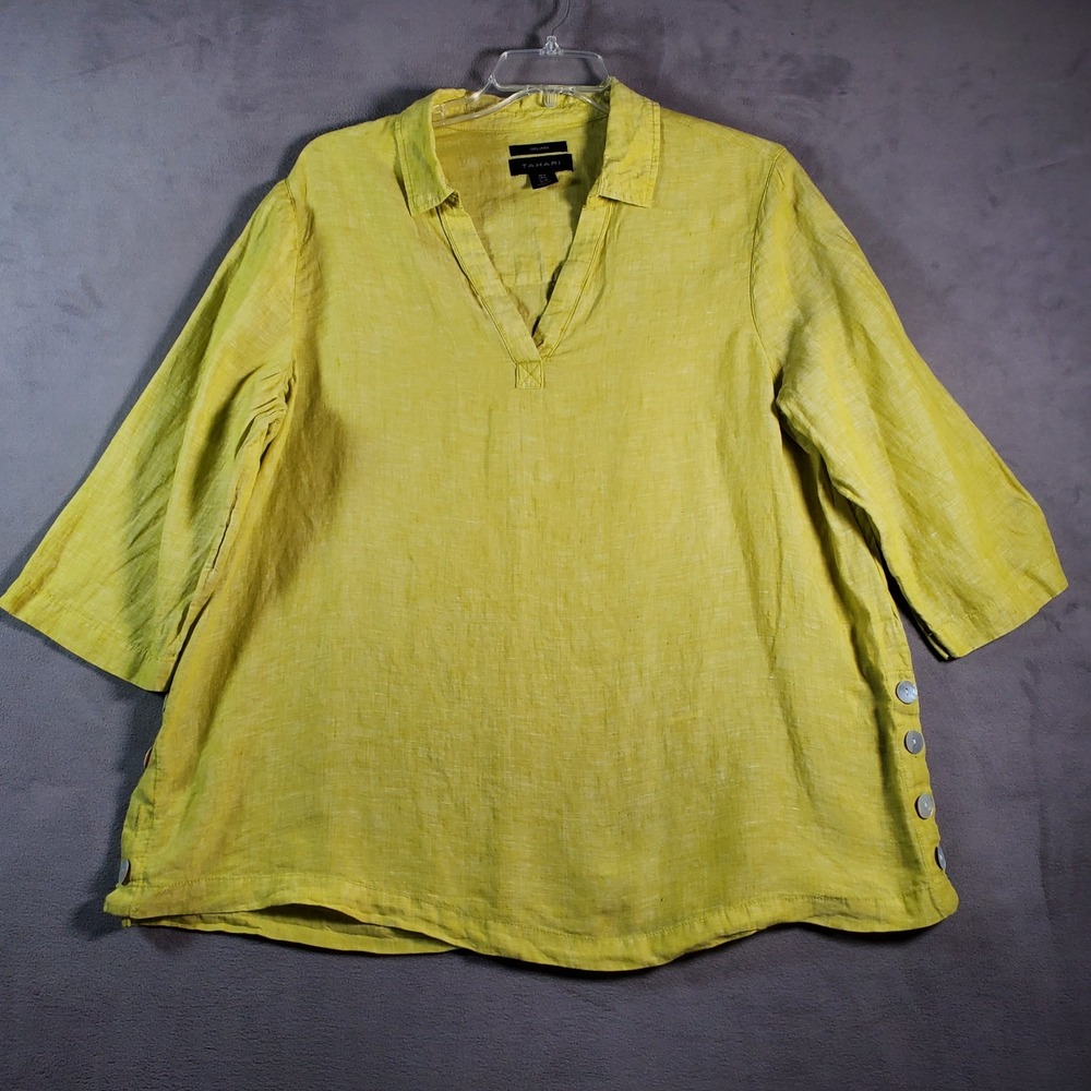 Tahari Top Womens 1X Lime Green Chartreuse 3/4 Sleeve Tunic Beach‎ Lagenlook